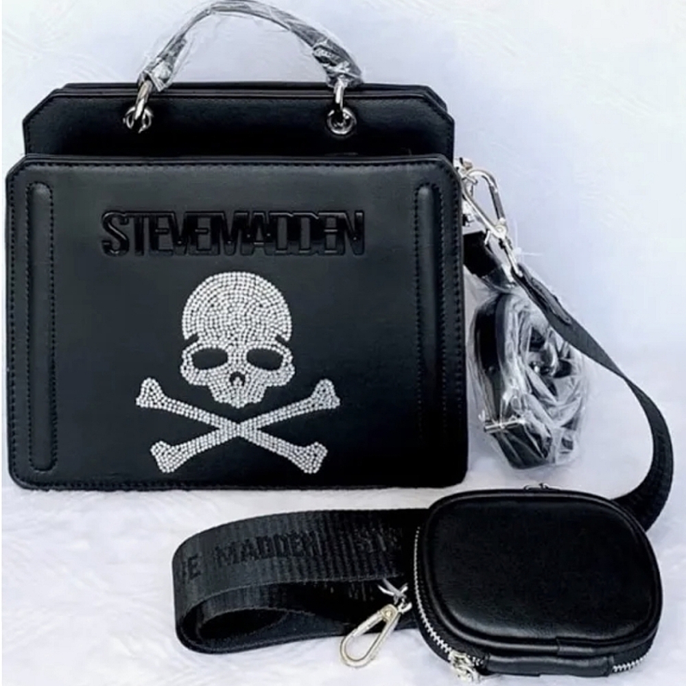NWT Steve Madden Bevelyn Tote Satchel Crossbody Purse Bag Black/Rhinestone Skull